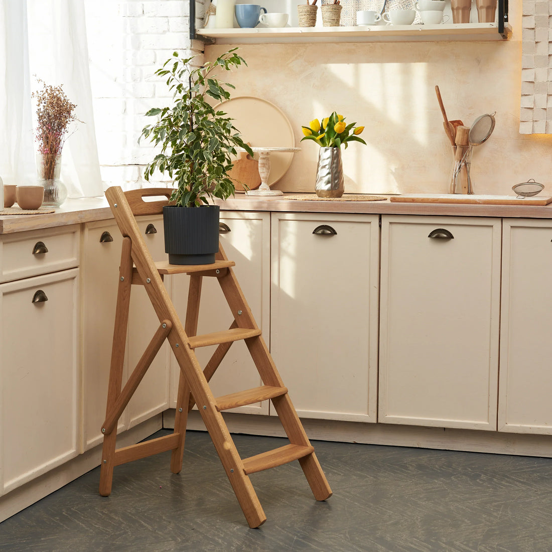 handcrafted oak wooden step ladder for home interior
