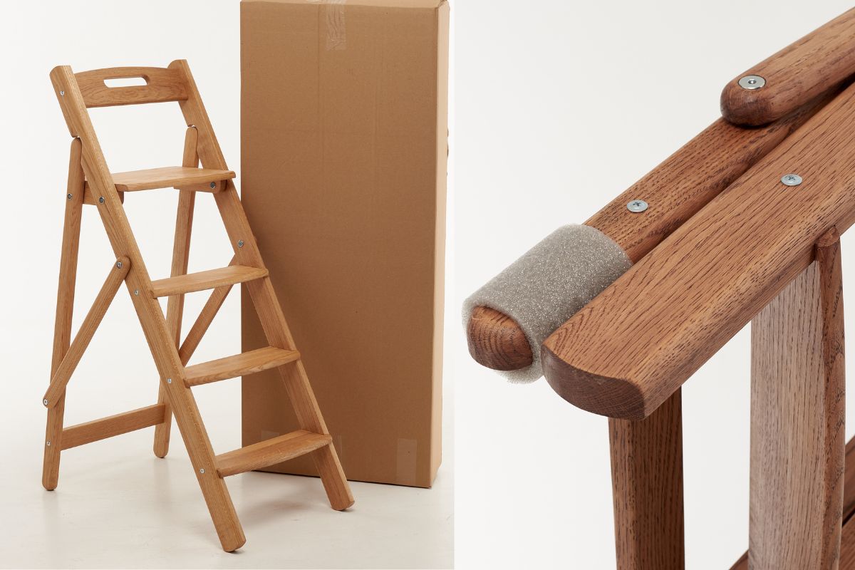 Klappbare Holzleiter | Tritthocker aus massiver Eiche | Handgefertigt | 110 cm hoch | Stabile und elegante Trittleiter für Zuhause